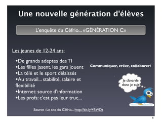 Une nouvelle génération d'élèves

           L’enquête du Céfrio... «GÉNÉRATION C»


Les jeunes de 12-24 ans:

 •De grands adeptes des TI
 •Les ﬁlles jasent, les gars jouent               Communiquer, créer, collaborer!

 •La télé et le sport délaissés
 •Au travail... stabilité, salaire et                              Je clavarde
 ﬂexibilité                                                       donc je suis?

 •Internet: source d’information
 •Les profs: c’est pas leur truc...
          Source : Le site du Céfrio... http://bit.ly/47zVDt

                                                                                    6
 