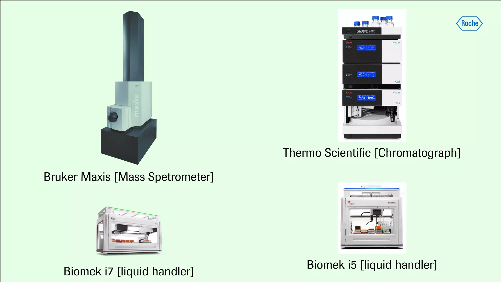Bruker Maxis [Mass Spetrometer]
Biomek i7 [liquid handler]
Thermo Scientiﬁc [Chromatograph]
Biomek i5 [liquid handler]
 
