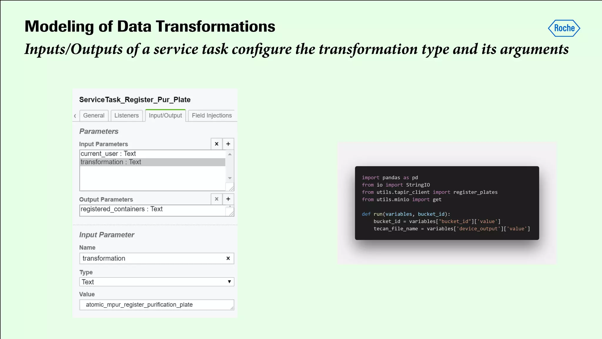 Modeling of Data Transformations
Inputs/Outputs of a service task conﬁgure the transformation type and its arguments
 