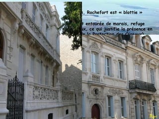 Considérée   comme une ville moyenne, Rochefort est « blottie »  dans une boucle De la Charente. Véritable centre touristique, elle est entourée de marais, refuge pour de nombreuses espèces d’oiseaux, ce qui justifie la présence en son sein du siège de la LPO ( ligue de la Protection des Oiseaux) 