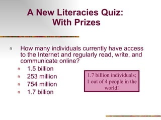 A New Literacies Quiz:  With Prizes How many individuals currently have access to the Internet and regularly read, write, and communicate online?   1.5 billion 253 million 754 million 1.7 billion 1.7 billion individuals; 1 out of 4 people in the world! 
