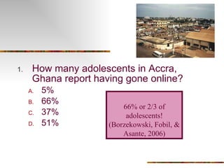 How many adolescents in Accra, Ghana report having gone online? 5% 66% 37% 51% 66% or 2/3 of adolescents! ( Borzekowski, Fobil, & Asante, 2006) 