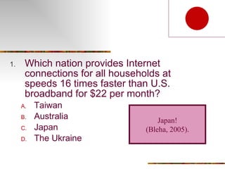 Which nation provides Internet connections for all households at speeds 16 times faster than U.S. broadband for $22 per month? Taiwan Australia Japan The Ukraine Japan! ( Bleha, 2005). 