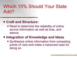 Which 15% Should Your State Add? Craft and Structure: Read to determine the reliability of online source information as well as bias, and stance.  Integration of Knowledge and Ideas Synthesize online information from competing points of view and make a reasoned case for doing so. 
