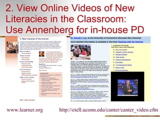 2. View Online Videos of New Literacies in the Classroom: Use Annenberg for in-house PD www.learner.org http://ctell.uconn.edu/canter/canter_video.cfm 
