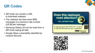 QR Codes
§  QR Code can contain a URL
to download malware
§  The malware can then send SMS
messages to a premium rate number
(US $6 per message)
•  Samsung Galaxy S3 can be reset from a
QR Code wiping all data
•  Google Glass vulnerability identified by
Lookout Security

6

© 2013 IBM Corporation

 