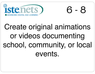 6-8
Create original animations
  or videos documenting
school, community, or local
          events.
 