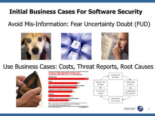 Initial Business Cases For Software Security Avoid Mis-Information: Fear Uncertainty Doubt (FUD) Use Business Cases: Costs, Threat Reports, Root Causes 