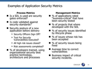 Examples of Application Security Metrics Process Metrics Is a SDL is used are security gates enforced? Is code validated against security standards? Security posture of a new application before delivery Security Officers Sign Off? Test For Security Vulnerabilities Executed? All high risk issues closed? Risk assessments completed? % of developers trained, using organizational security best practice technology, architecture and processes Management Metrics % of applications rated “business-critical” that have been security tested % of projects that where developed with the SDL % of security issues identified  by lifecycle phase % of issues whose risk has been accepted % of security issues being fixed Average time to correct vulnerabilities Business impact of critical security incidents. 