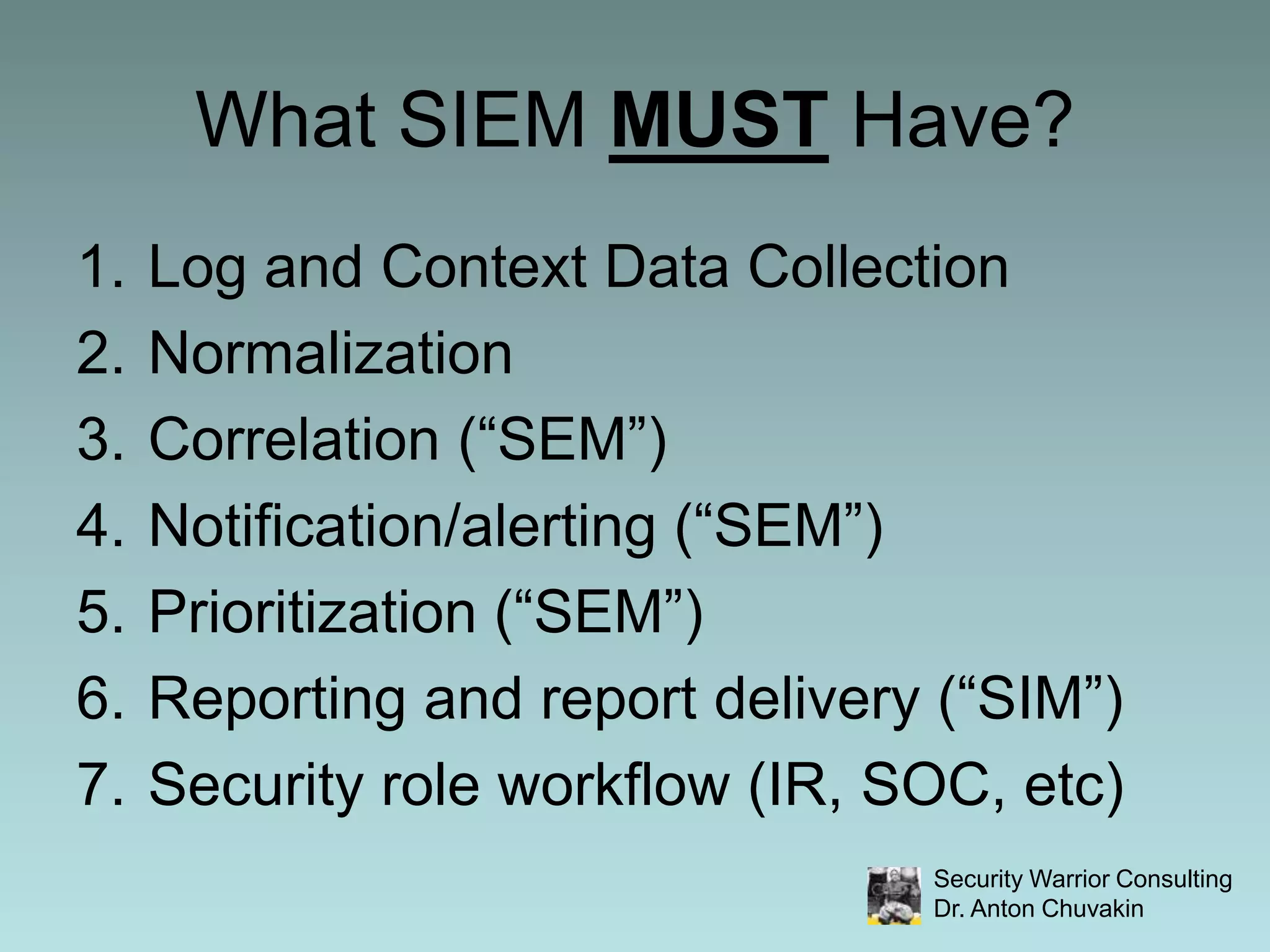What SIEM MUST Have?Log and Context Data CollectionNormalizationCorrelation (“SEM”)Notification/alerting (“SEM”)Prioritization (“SEM”)Reporting and report delivery (“SIM”)Security role workflow (IR, SOC, etc)