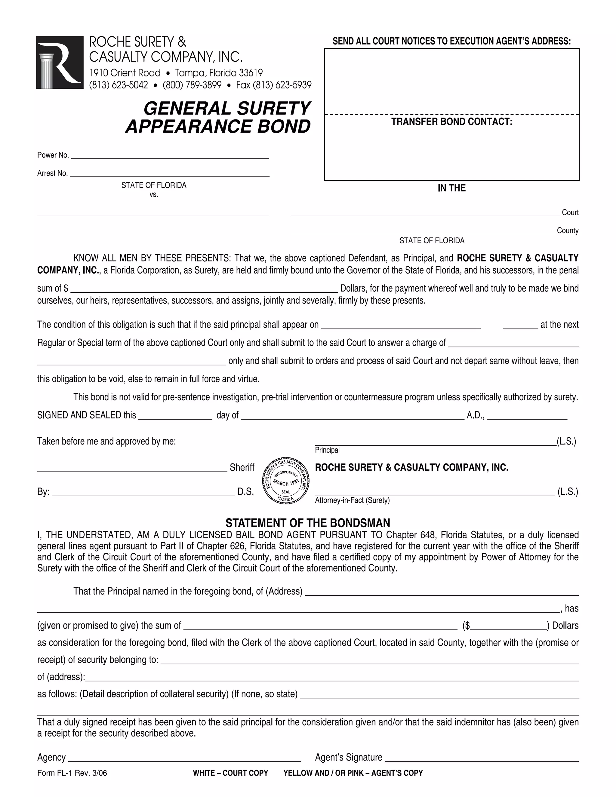 Insurance Bind Order Example Roche Surety and Casualty Company General Appearance Bond | PDF