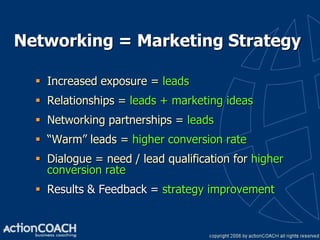 Networking = Marketing Strategy

   Increased exposure = leads
   Relationships = leads + marketing ideas
   Networking partnerships = leads
   “Warm” leads = higher conversion rate
   Dialogue = need / lead qualification for higher
    conversion rate
   Results & Feedback = strategy improvement
 