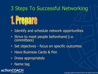 3 Steps To Successful Networking



 Identify and schedule network opportunities
 Strive to meet people beforehand (i.e.
  committees)
 Set objectives - focus on specific outcomes
 Have Business Cards & Pen
 Dress appropriately
 Name tag
 