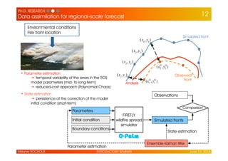 PH.D. RESEARCH ● ● ●
Data assimilation for regional-scale forecast
INTRODUCTORY SEMINAR June 13, 2014Mélanie ROCHOUX
12
Environmental conditions
Fire front location
• Parameter estimation
➙ temporal variability of the errors in the ROS
model parameters (mid- to long-term)
➙ reduced-cost approach (Polynomial Chaos)
• State estimation
➙ persistence of the correction of the model initial
condition (short-term)
Simulated front
Observed
front
(x1
, y1
)
(x2
, y2
)
(x3
,y3
)
(x4
, y4
)
(x1
O
,y1
O
)
(x2
O
,y2
O
)
FIREFLY
wildfire spread
simulator
Parameters
Initial condition
Boundary conditions
Comparison
Simulated fronts
Observations
Ensemble Kalman filter
Parameter estimation
State estimation
Analysis
 