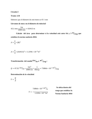 Circuito I
Tramo A-B
Sabemos que el diámetro de esta tramo es 43.1 mm
Llevamos de mm a m el diámetro de tubería

Calculo del área para determinar si la velocidad está entre 0.6 y 3
establece la norma sanitaria 4044.

Transformación del caudal

⁄

a

⁄

:

⁄

⁄

Determinación de la velocidad

⁄

Se ubica dentro del
rango que establece la
⁄
Norma Sanitaria 4044

⁄

que

 