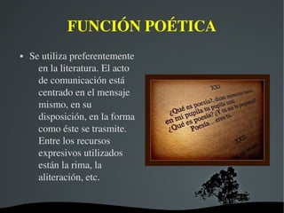   
FUNCIÓN POÉTICA
 Se utiliza preferentemente 
en la literatura. El acto 
de comunicación está 
centrado en el mensaje 
mismo, en su 
disposición, en la forma 
como éste se trasmite. 
Entre los recursos 
expresivos utilizados 
están la rima, la 
aliteración, etc.
 