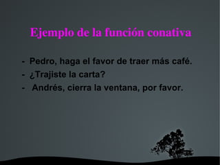   
Ejemplo de la función conativa
-  Pedro, haga el favor de traer más café.
-  ¿Trajiste la carta?
-   Andrés, cierra la ventana, por favor.
 
