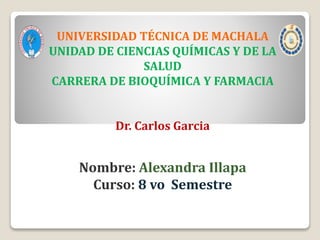 UNIVERSIDAD TÉCNICA DE MACHALA
UNIDAD DE CIENCIAS QUÍMICAS Y DE LA
SALUD
CARRERA DE BIOQUÍMICA Y FARMACIA
Dr. Carlos Garcia
Nombre: Alexandra Illapa
Curso: 8 vo Semestre
 