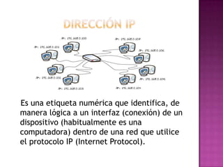 Es una etiqueta numérica que identifica, de
manera lógica a un interfaz (conexión) de un
dispositivo (habitualmente es una
computadora) dentro de una red que utilice
el protocolo IP (Internet Protocol).
 