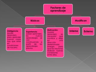 Factores de
aprendizaje

Básicos

Inteligencia:
(poder
aprender),
para aprender
nuevas cosas
hay que estar
en
condiciones
de hacerlo.

Experiencia:
(saber aprender),
los
nuevos
aprendizajes se
van
construyendo a
partir
de
los
aprendizajes
previos.

Modifican

Motivación:
(querer
aprender),
es
necesario
que
movilice y dirija
en
una
dirección
determinada
energía
para
que las neuronas
realicen nuevas
conexiones
entre ellas.

Interno

Externo

 