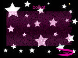 boikot       Los orígenes de Boikot se remontan a 1987, cuando Alberto Pla, guitarra y voz, Juankar Cabano, bajo y voz, y Xavi a la batería, ofrecen sus primeros conciertos por pequeños bares de la capital madrileña. Poco después la formación se completa con Ronko a la voz y Pedro Tirado a la guitarra, con la que grabarían su segunda maketa, la cual les abriría las puertas de la independiente Barrabás para la edición, en 1990, de su primer disco, Los Ojos De La Calle. Este álbum, cargado de grandes piezas de rock urbano, como el clásico Esperando En El Metro o el tema que da título al disco, consigue despertar cierto interés en el panorama estatal, lo que les permite sacar un nuevo LP en 1992, Con Perdón De Los Payasos. Pero este segundo trabajo no consigue los resultados esperados, a pesar de que su nombre se afianza en la escena madrileña con numerosas descargas en directo.  En 1995, con las bases para su tercer disco, Barrabás les cierra las puertas, descontentos con las ventas de los anteriores vinilos. El grupo se mueve de una compañía a otra, pero ante la falta de interés, se deciden por la vía de la autogestión como medio para poder sacar a la luz su nuevo trabajo. De esa manera nace Producciones BKT, con la que editan su tercer álbum, Cría Cuervos, con Kake Lago en sustitución de Pedro a la guitarra y Juan Carlos “Grass” a la batería. Los años de transición desde su segundo disco han provocado una evolución musical en la banda que se refleja en este tercero, con ritmos más rápidos que tienden hacia el punk-rock intercalados con giros hacia el ska, como el clásico Saltando Ska-lones. El grupo va compaginando su actividad en directo con las tareas de gestión de su recién creada compañía discográfica. Pero los cambios continúan, y mientras Kake abandona la formación para dedicarse a su proyecto paralelo, Caskarrabias, Ronko deja el grupo justo antes de tocar en Vitoria. Esto no hace mella en la banda que, con el bajista de Grass, Kosta, como nuevo guitarra, y Juankar encargándose de la parte vocal, publica en 1996 su cuarto disco, Tu Condena, bajo la cuidada producción de Javier Abreu. El nuevo álbum les permite desarrollar una intensa actividad en directo por todo el estado, participando en festivales de la talla del Vallekas Rock o el Festimad. Su siguiente proyecto, que en un principio se pensó como un disco de versiones, acaba tomando forma como uno de los más interesantes que un grupo de rock nacional haya planteado. La idea, una trilogía definida por el carismático título de La Ruta Del Che, y planteada para llevarse a cabo tanto en España como en otros países hispanoamericanos, toma su primera forma en Mayo de 1997 bajo la mano del primer disco, No Mirar, grabado en Vigo con un sonido más contundente que trabajos anteriores. La gira que le sucede les lleva a ser uno de los pocos grupos extranjeros que actúen en la isla de Cuba, donde ofrecen 4 descargas, tras las cuales se trasladan a México para grabar, en Octubre de 1997, la segunda parte de la trilogía, No Escuchar, y continuar su actividad en directo por dicho país. Este disco sigue contemplando la evolución del grupo, ahora abierto a sonidos latinos, dando cabida a numerosos instrumentos que enriquecen al mismo junto a la colaboración de diversos grupos mexicanos entre los que destaca Vantroi. El álbum, que contiene una versión del clásico “Hasta Siempre” del cantautor cubano Carlos Puebla, obtiene una gran acogida a un lado y otro del Atlántico, continuando una frenética actividad en directo. En Febrero de 1998 No Escuchar completa el ambicioso proyecto. Grabado en Argentina, continúa la línea del anterior, influenciado por los ritmos del otro lado del charco. Su repercusión es aún mayor, abriéndoles las puertas de actuaciones como la del festival de Arezzo en Italia, ante 25.000 personas, o en los propios Viñarock y Esparrago Rock, donde se consolidan como una de las bandas más importantes del panorama rockero estatal.  A principios del 2000 editan su octavo trabajo, un disco en directo donde reflejan toda la intensidad de La Ruta del Che, y que bajo el título de Historias Directas De Boikot ...Y Que Nos Den Mucho Tekila, les lleva a continuar su actividad en conciertos y festivales por todo el estado. Como colofón al proyecto desarrollado, editan a finales de ese mismo año el Video-Libro de La Ruta Del Che, ahora de la mano de Locomotive, sin que ello suponga que el grupo abandone el trabajo en su discográfica Producciones BKT, bajo la cual siguen publicando a otros grupos de rock. Tras ello, y con el grupo viviendo su mejor momento, sale a la venta a principios del 2002 su noveno álbum, De Espaldas Al Mundo, donde la banda dirige un poco más su sonido hacia el punk-rock reivindicativo, con una producción aún más elaborada que en discos anteriores, llevándoles de nuevo a las principales citas rockeras del estado,  Boikot.com índice 