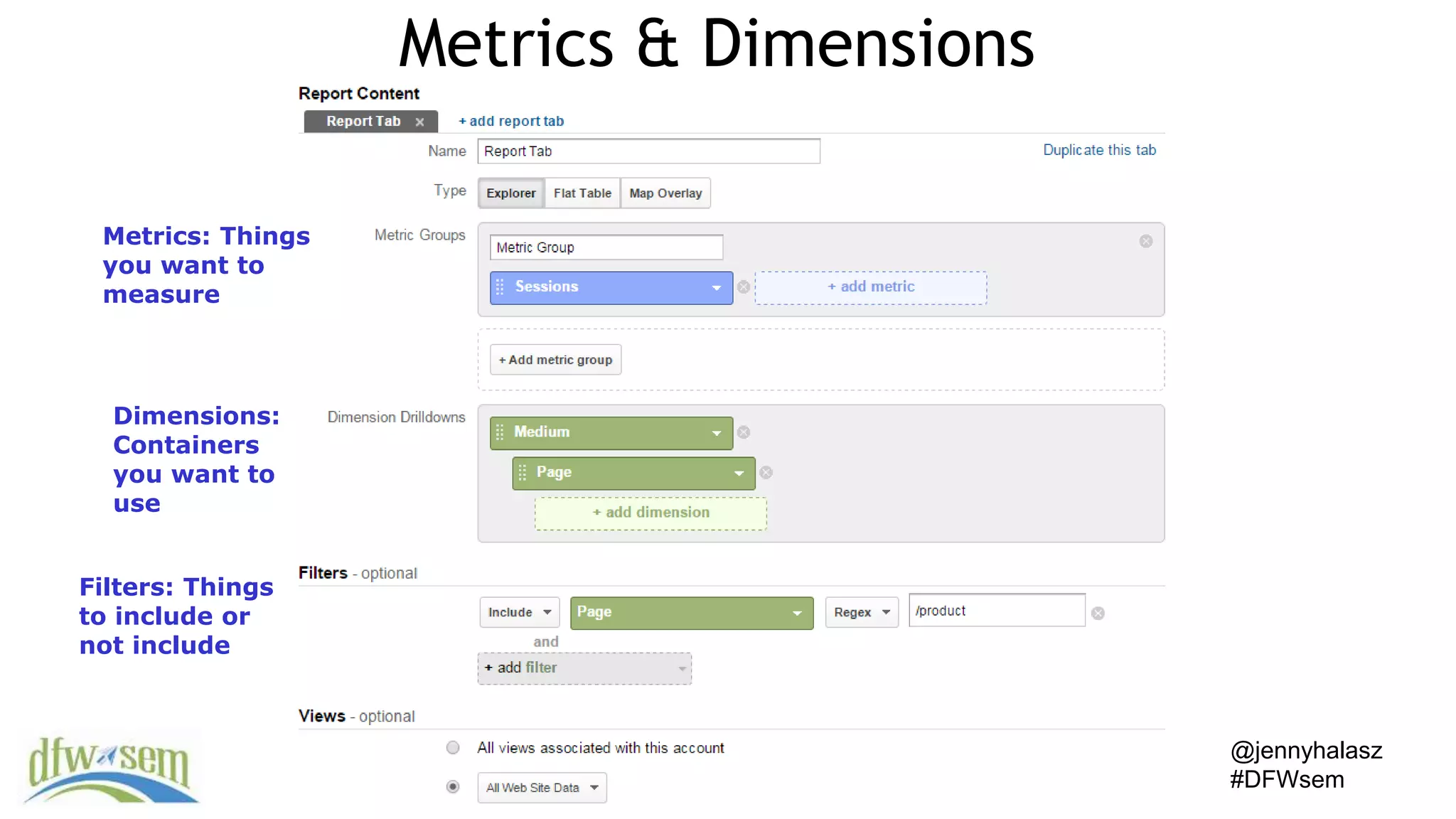 @jennyhalasz
#DFWsem
Metrics: Things
you want to
measure
Dimensions:
Containers
you want to
use
Filters: Things
to include or
not include
Metrics & Dimensions
 