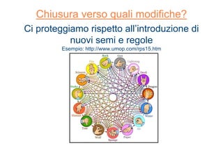 Chiusura verso quali modifiche?
Ci proteggiamo rispetto all’introduzione di
nuovi semi e regole
Esempio: http://www.umop.com/rps15.htm
 