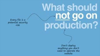 not go on
What should
production?
Every file is a
potential security
risk
Don’t deploy
anything you don’t
need to operate the
website
 