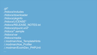 .git*
./htdocs/includes
./htdocs/downloader
./htdocs/pkginfo
./htdocs/LICENSE*
./htdocs/RELEASE_NOTES.txt
./htdocs/phpunit.xml*
./htdocs/*.sample
./htdocs/var
./htdocs/media
./.modman/Aoe_TemplateHints
./.modman/Aoe_Profiler
./.modman/EcomDev_PHPUnit
…
 