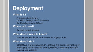 Deployment
What is it?
A simple shell script.
Or the “deploy” chef cookbook
Or EasyDeployWorkflows
Where is it used?
On the target servers
What does it need to know?
How to get the build and where to deploy it to
What does it do?
(Resetting the environment), getting the build, extracting it,
managing release folders and symlinks, triggering installer,
cleanup old releases
 