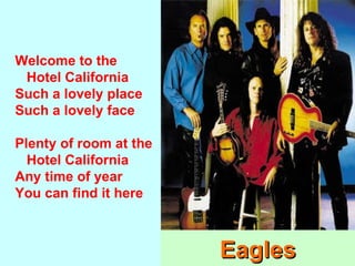 Música AFRO-AMERICANAMenphis Slim / B.B.King / Ray Charles     BLUESLouis Armstrong / Duke Ellington        JAZZGolden Gate Quartet / Aretha Franklin  GOSPELMúsica BLANCACOUNTRY:     Johnny Cash / Kenny RogersFOLK:             Woody Guthrie / Pete SeegerCOMERCIAL: Frank Sinatra / Bing CrosbyROCK & ROLLElvis PresleyROCK & ROLL NEGREChuck BerryLittle RichardROCK & ROLL BLANCBill HaleyJerry Lee LewisFOLK-ROCKEverlyBrothersBob DylanJoan BaezAmericaJanisJoplinCrosby, Stills, Nash & YoungCarpentersHansonPOPThe BeatlesTheTurtlesTheMonkeesProcolHarumMoody BluesBeeGeesSimon & GarfunkelRHYTHM & BLUESTheRollingStonesTheKinksTheWhoTheAnimalsCream / Eric ClaptonJimiHendrixTheDoorsJAZZ – ROCKPat Metheny Chick CoreaWeather ReportSOULOtis ReedingThe SupremesPercy SledgeAretha FranklinTina TurnerCaliforniaBeach BoysScott McKenzieMama’s&Papa’sEaglesCeltaJethro TullGwendalLatinoJose FelicianoSantanaGloria StefanRicky MartinThe CoorsTECNOTangerine DreamKraftwerkMike OldfieldKing CrimsonPink FloydCANTAUTORSCat StevensCarole KingJames TaylorElton JohnBruce SpringsteenGeorge MichaelRobbie WilliamsMikaFUNKJames BrownStevie WonderEarth, Wind & FireREGGAEBob MarleyPeter ToshHEAVYLed ZeppelinDeep PurpleMetallicaAC-DCIron MaidenJudas PriestAerosmithBon JoviGRANS BANDES /ROCK SIMFÒNICBlood, Sweat & TearsChicagoSupertrampEmerson Lake & PalmerGenesisYesDire StraitsSKAMadnessDISCOThe TemptationsVillage PeopleMichael JacksonPrinceDepeche ModePet Shop BoysPUNKSex PistolsThe ClashBlondieNina HagenLou ReedPoliceBRIT POPSpandau BalletTake ThatDuran DuranGLAMDavid BowieAlice CooperRoxy MusicQueenOperes RockHairGodspelJ.C.SuperestarEvitaRAPHIP-HOPOasisBlurPretendersU2MadonnaNo DoubtMarilyn MansonGRUNGENirvana