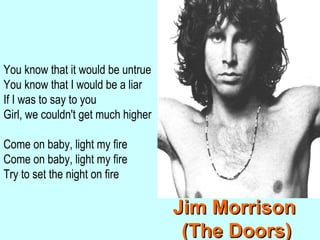 Música AFRO-AMERICANAMenphis Slim / B.B.King / Ray Charles     BLUESLouis Armstrong / Duke Ellington        JAZZGolden Gate Quartet / Aretha Franklin  GOSPELMúsica BLANCACOUNTRY:     Johnny Cash / Kenny RogersFOLK:             Woody Guthrie / Pete SeegerCOMERCIAL: Frank Sinatra / Bing CrosbyROCK & ROLLElvis PresleyROCK & ROLL NEGREChuck BerryLittle RichardROCK & ROLL BLANCBill HaleyJerry Lee LewisFOLK-ROCKEverlyBrothersBob DylanJoan BaezAmericaJanisJoplinCrosby, Stills, Nash & YoungCarpentersHansonPOPThe BeatlesTheTurtlesTheMonkeesProcolHarumMoody BluesBeeGeesSimon & GarfunkelJAZZ – ROCKPat Metheny Chick CoreaWeather ReportSOULOtis ReedingThe SupremesPercy SledgeAretha FranklinTina TurnerRHYTHM & BLUESTheRollingStonesTheKinksTheWhoTheAnimalsCream / Eric ClaptonJimiHendrixTheDoorsCeltaJethro TullGwendalLatinoJose FelicianoSantanaCaliforniaBeach BoysScott McKenzieMama’s&Papa’sEaglesGloria StefanRicky MartinThe CoorsTECNOTangerine DreamKraftwerkMike OldfieldKing CrimsonPink FloydCANTAUTORSCat StevensCarole KingJames TaylorElton JohnBruce SpringsteenGeorge MichaelRobbie WilliamsMikaFUNKJames BrownStevie WonderEarth, Wind & FireREGGAEBob MarleyPeter ToshHEAVYLed ZeppelinDeep PurpleMetallicaAC-DCIron MaidenJudas PriestAerosmithBon JoviGRANS BANDES /ROCK SIMFÒNICBlood, Sweat & TearsChicagoSupertrampEmerson Lake & PalmerGenesisYesDire StraitsSKAMadnessDISCOThe TemptationsVillage PeopleMichael JacksonPrinceDepeche ModePet Shop BoysPUNKSex PistolsThe ClashBlondieNina HagenLou ReedPoliceBRIT POPSpandau BalletTake ThatDuran DuranGLAMDavid BowieAlice CooperRoxy MusicQueenOperes RockHairGodspelJ.C.SuperestarEvitaRAPHIP-HOPOasisBlurPretendersU2MadonnaNo DoubtMarilyn MansonGRUNGENirvana