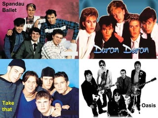 Música AFRO-AMERICANAMenphis Slim / B.B.King / Ray Charles     BLUESLouis Armstrong / Duke Ellington        JAZZGolden Gate Quartet / Aretha Franklin  GOSPELMúsica BLANCACOUNTRY:     Johnny Cash / Kenny RogersFOLK:             Woody Guthrie / Pete SeegerCOMERCIAL: Frank Sinatra / Bing CrosbyROCK & ROLLElvis PresleyROCK & ROLL NEGREChuck BerryLittle RichardROCK & ROLL BLANCBill HaleyJerry Lee LewisFOLK-ROCKEverlyBrothersBob DylanJoan BaezAmericaJanisJoplinCrosby, Stills, Nash & YoungCarpentersHansonPOPThe BeatlesTheTurtlesTheMonkeesProcolHarumMoody BluesBeeGeesSimon & GarfunkelJAZZ – ROCKPat Metheny Chick CoreaWeather ReportSOULOtis ReedingThe SupremesPercy SledgeAretha FranklinTina TurnerRHYTHM & BLUESTheRollingStonesTheKinksTheWhoTheAnimalsCream / Eric ClaptonJimiHendrixTheDoorsCeltaJethro TullGwendalLatinoJose FelicianoSantanaCaliforniaBeach BoysScott McKenzieMama’s&Papa’sEaglesGloria StefanRicky MartinThe CoorsTECNOTangerineDreamKraftwerkMike OldfieldKing CrimsonPink FloydDepecheModePet Shop BoysCANTAUTORSCat StevensCarole KingJames TaylorElton JohnBruce SpringsteenGeorge MichaelRobbie WilliamsMikaFUNKJames BrownStevie WonderEarth, Wind & FireREGGAEBob MarleyPeter ToshHEAVYLed ZeppelinDeep PurpleMetallicaAC-DCIron MaidenJudas PriestAerosmithBon JoviGRANS BANDES /ROCK SIMFÒNICBlood, Sweat & TearsChicagoSupertrampEmerson Lake & PalmerGenesisYesDire StraitsSKAMadnessDISCOThe TemptationsVillage PeopleMichael JacksonPrincePUNKSex PistolsThe ClashBlondieNina HagenLou ReedPoliceGLAMDavid BowieAlice CooperRoxy MusicQueenBRIT POPSpandau BalletTake ThatDuran DuranOasisBlurPretendersU2Operes RockHairGodspelJ.C.SuperestarEvitaRAPHIP-HOPMadonnaNo DoubtMarilyn MansonGRUNGENirvanaU2