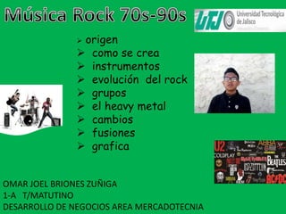  origen
 como se crea
 instrumentos
 evolución del rock
 grupos
 el heavy metal
 cambios
 fusiones
 grafica
OMAR JOEL BRIONES ZUÑIGA
1-A T/MATUTINO
DESARROLLO DE NEGOCIOS AREA MERCADOTECNIA
 