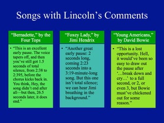 Songs with Lincoln’s Comments
 