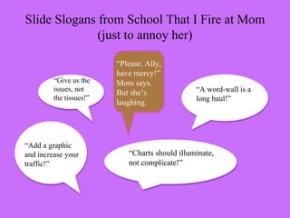 Slide Slogans from School That I Fire at Mom
              (just to annoy her)

                         “Please, Ally,
                         have mercy!”
         “Give us the    Mom says.
         issues, not                            “A word-wall is a
                         But she’s
         the tissues!”                          long haul!”
                         laughing.




“Add a graphic
and increase your           “Charts should illuminate,
traffic!”                   not complicate!”
 