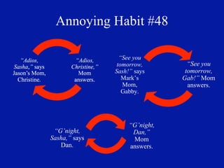 Annoying Habit #48

                 “See you
                tomorrow,         “See you
               Sash!” says       tomorrow,
                  Mark’s        Gab!” Mom
                  Mom,            answers.
                  Gabby.




                    “G’night,
 “G’night,           Dan,”
Sasha,” says         Mom
   Dan.             answers.
 