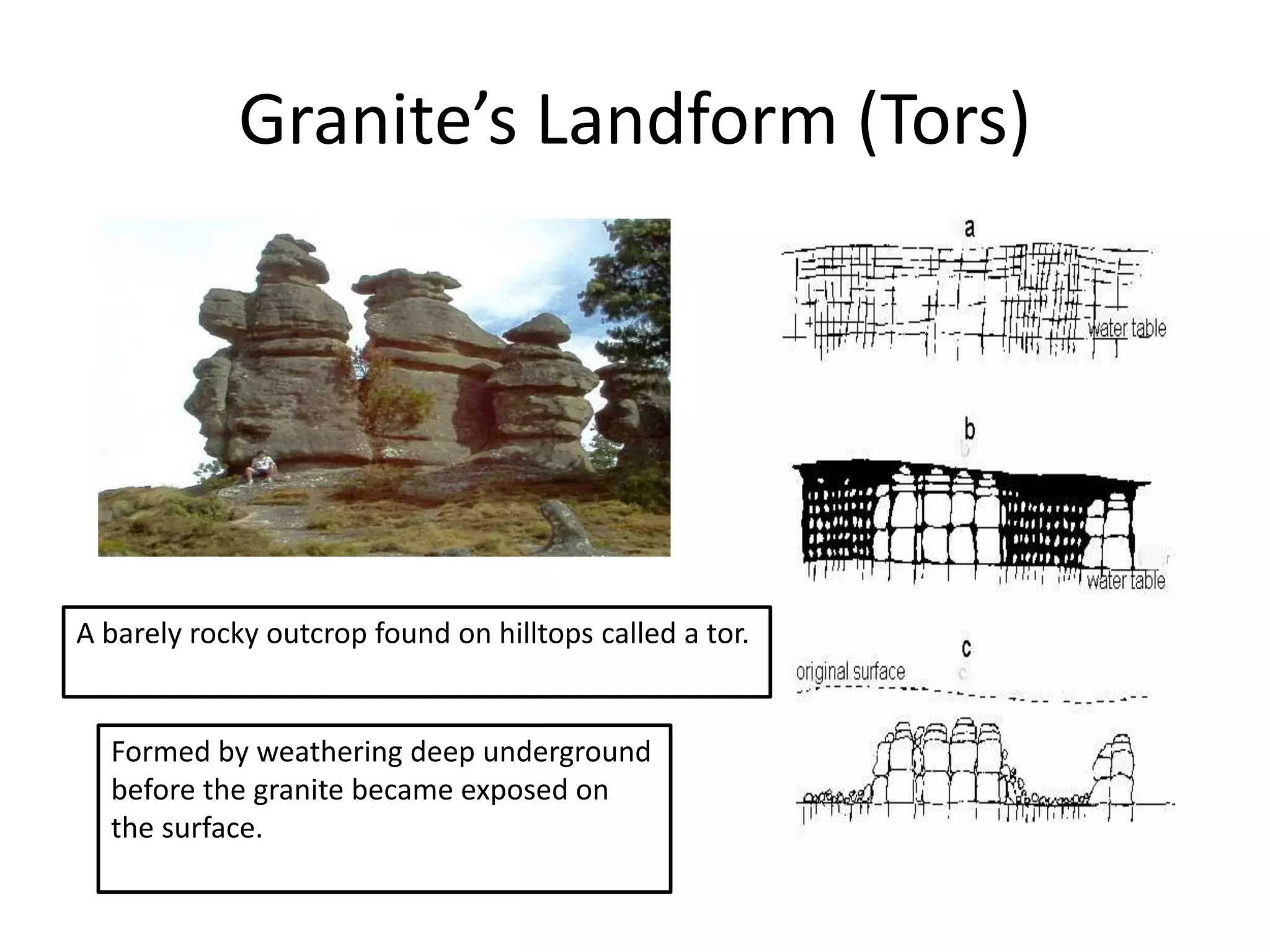 Granite’s Landform (Tors) 
A barely rocky outcrop found on hilltops called a tor. 
Formed by weathering deep underground 
before the granite became exposed on 
the surface. 
 