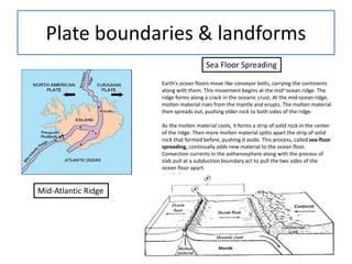 Plate boundaries & landforms 
Mid-Atlantic Ridge 
Sea Floor Spreading 
Earth’s ocean floors move like conveyor belts, carrying the continents 
along with them. This movement begins at the mid~ocean ridge. The 
ridge forms along a crack in the oceanic crust. At the mid-ocean ridge, 
molten material rises from the mantle and erupts. The molten material 
then spreads out, pushing older rock to both sides of the ridge. 
As the molten material cools, it forms a strip of solid rock in the center 
of the ridge. Then more molten material splits apart the strip of solid 
rock that formed before, pushing it aside. This process, called sea-floor 
spreading, continually adds new material to the ocean floor. 
Convection currents in the asthenosphere along with the process of 
slab pull at a subduction boundary act to pull the two sides of the 
ocean floor apart. 
 
