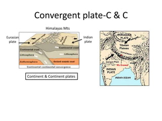 Convergent plate-C & C 
Eurasian 
plate 
Indian 
plate 
Himalayas Mts 
Continent & Continent plates 
 