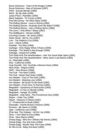 Bruce Dickinson - Tears of the Dragon (1994)
Bruce Dickinson - Man of Sorrows (1997)
INXS - Suicide Blonde (1990)
INXS - By My Side (1990)
Judas Priest - Painkiller (1990)
Black Sabbath - TV Crimes (1992)
Paul McCartney - No Other Baby (1999)
The Rolling Stones - Love Is Strong (1994)
The Rolling Stones - Anybody Seen My Baby? (1998)
The Rolling Stones - Like a Rolling Stone (1995)
The Corrs - Only When I Sleep (1997)
The Wallflowers - Heroes (1998)
Counting Crowes - Mr Jones (1993)
Sister Hazel - All For You (1997)
Live - The Dolphin's Cry (1999)
Live - I Alone (1994)
Fastball - The Way (1998)
Garbage - Only Happy When It Rains (1995)
Garbage - The World Is Not Enough (1999)
Garbage - Stupid Girl (1996)
Tom Petty And The Heartbreakers - Into The Great Wide Open (1991)
Tom Petty And The Heartbreakers - Mary Jane's Last Dance (1993)
Lit - Miserable (1999)
Wax - California (1995)
Urge Overkill - Girl, You'll Be a Woman Soon (1994)
New Order - Regret (1993)
OMC - How Bizarre (1996)
The Cult - The Witch (1992)
The Cult - Sweet Soul Sister (1990)
Iron Maiden - Fear of The Dark (1993)
Iron Maiden - Wasting Love (1992)
Iron Maiden - Be Quick Or Be Dead (1992)
Iron Maiden - From Here To Eternity (1992)
Megadeth - Symphony of Destruction (1992)
Megadeth - A Tout Le Monde (1994)
Megadeth - Hangar 18 (1990)
Megadeth - Holy Wars...The Punishment Due (1990)
Slayer - I Hate You (1996)
Slayer - Seasons In Abyss (1991)
L7 - Pretend We're Dead (1992)
Dishwalla - Charlie Brown's Parents (1995)
Eminem - My Name Is (1999)
2pac - California Love (1996)
2Pac feat. The Outlawz - Hit Em' Up (1996)
2Pac - I Ain't Mad At Cha (1996)
2Pac - Dear Mama (1995)
Snoop Dogg - Who Am I (What's My Name) (1993)
Snoop Dogg - Gin and Juice (1994)
Snoop Dogg - Murder Was The Case (1994)
Sir Mix-A-Lot - Baby Got Back (1992)
 