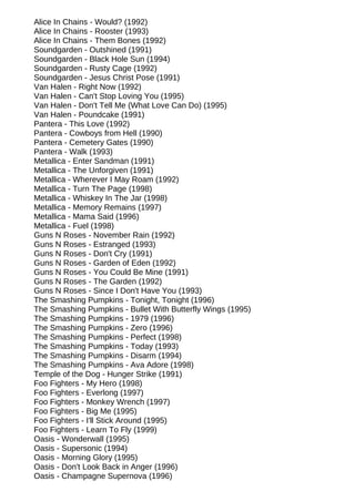 Alice In Chains - Would? (1992)
Alice In Chains - Rooster (1993)
Alice In Chains - Them Bones (1992)
Soundgarden - Outshined (1991)
Soundgarden - Black Hole Sun (1994)
Soundgarden - Rusty Cage (1992)
Soundgarden - Jesus Christ Pose (1991)
Van Halen - Right Now (1992)
Van Halen - Can't Stop Loving You (1995)
Van Halen - Don't Tell Me (What Love Can Do) (1995)
Van Halen - Poundcake (1991)
Pantera - This Love (1992)
Pantera - Cowboys from Hell (1990)
Pantera - Cemetery Gates (1990)
Pantera - Walk (1993)
Metallica - Enter Sandman (1991)
Metallica - The Unforgiven (1991)
Metallica - Wherever I May Roam (1992)
Metallica - Turn The Page (1998)
Metallica - Whiskey In The Jar (1998)
Metallica - Memory Remains (1997)
Metallica - Mama Said (1996)
Metallica - Fuel (1998)
Guns N Roses - November Rain (1992)
Guns N Roses - Estranged (1993)
Guns N Roses - Don't Cry (1991)
Guns N Roses - Garden of Eden (1992)
Guns N Roses - You Could Be Mine (1991)
Guns N Roses - The Garden (1992)
Guns N Roses - Since I Don't Have You (1993)
The Smashing Pumpkins - Tonight, Tonight (1996)
The Smashing Pumpkins - Bullet With Butterfly Wings (1995)
The Smashing Pumpkins - 1979 (1996)
The Smashing Pumpkins - Zero (1996)
The Smashing Pumpkins - Perfect (1998)
The Smashing Pumpkins - Today (1993)
The Smashing Pumpkins - Disarm (1994)
The Smashing Pumpkins - Ava Adore (1998)
Temple of the Dog - Hunger Strike (1991)
Foo Fighters - My Hero (1998)
Foo Fighters - Everlong (1997)
Foo Fighters - Monkey Wrench (1997)
Foo Fighters - Big Me (1995)
Foo Fighters - I'll Stick Around (1995)
Foo Fighters - Learn To Fly (1999)
Oasis - Wonderwall (1995)
Oasis - Supersonic (1994)
Oasis - Morning Glory (1995)
Oasis - Don't Look Back in Anger (1996)
Oasis - Champagne Supernova (1996)
 