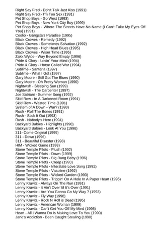 Right Say Fred - Don't Talk Just Kiss (1991)
Right Say Fred - I'm Too Sex (1991)
Pet Shop Boys - Go West (1993)
Pet Shop Boys - New York City Boy (1999)
Pet Shop Boys - Where The Streets Have No Name (I Can't Take My Eyes Off
You) (1991)
Coolio - Gangsta's Paradise (1995)
Black Crowes - Remedy (1992)
Black Crowes - Sometimes Salvation (1992)
Black Crowes - High Head Blues (1995)
Black Crowes - Wiser Time (1995)
Zakk Wylde - Way Beyond Empty (1996)
Pride & Glory - Losin' Your Mind (1994)
Pride & Glory - Horse Called War (1994)
Sublime - Santeria (1997)
Sublime - What I Got (1997)
Gary Moore - Still Got The Blues (1990)
Gary Moore - Oh Pretty Woman (1990)
Nightwish - Sleeping Sun (1999)
Nightwish - The Carpenter (1997)
Joe Satriani - Summer Song (1992)
Skid Row - In A Darkened Room (1991)
Skid Row - Wasted Time (1991)
System of A Down - War? (1998)
Rush - Roll The Bones (1991)
Rush - Stick It Out (1993)
Rush - Nobody's Hero (1994)
Backyard Babies - Highlights (1998)
Backyard Babies - Look At You (1998)
311- Come Original (1999)
311 - Down (1996)
311 - Beautiful Disaster (1998)
HIM - Wicked Game (1998)
Stone Temple Pilots - Plush (1992)
Stone Temple Pilots - Down (1999)
Stone Temple Pilots - Big Bang Baby (1996)
Stone Temple Pilots - Creep (1993)
Stone Temple Pilots - Interstate Love Song (1992)
Stone Temple Pilots - Vasoline (1992)
Stone Temple Pilots - Wicked Garden (1993)
Stone Temple Pilots - Trippin' On A Hole In A Paper Heart (1996)
Lenny Kravitz - Always On The Run (1991)
Lenny Kravitz - It Ain't Over 'til It's Over (1991)
Lenny Kravitz - Are You Gonna Go My Way ? (1993)
Lenny Kravitz - Fly Way (1998)
Lenny Kravitz - Rock N Roll is Dead (1995)
Lenny Kravitz - American Woman (1999)
Lenny Kravitz - Can't Get You Off My Mind (1995)
Heart - All I Wanna Do Is Making Love To You (1990)
Jane's Addiction - Been Caught Stealing (1990)
 