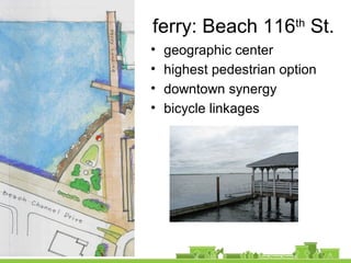 ferry: Beach 116th
St.
• geographic center
• highest pedestrian option
• downtown synergy
• bicycle linkages
 