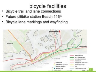 bicycle facilities
• Bicycle trail and lane connections
• Future citibike station Beach 116th
• Bicycle lane markings and wayfinding
 