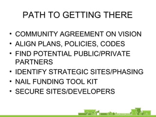 PATH TO GETTING THERE
• COMMUNITY AGREEMENT ON VISION
• ALIGN PLANS, POLICIES, CODES
• FIND POTENTIAL PUBLIC/PRIVATE
PARTNERS
• IDENTIFY STRATEGIC SITES/PHASING
• NAIL FUNDING TOOL KIT
• SECURE SITES/DEVELOPERS
 