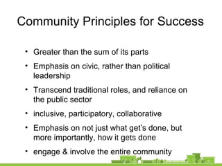 Community Principles for Success
• Greater than the sum of its parts
• Emphasis on civic, rather than political
leadership
• Transcend traditional roles, and reliance on
the public sector
• inclusive, participatory, collaborative
• Emphasis on not just what get’s done, but
more importantly, how it gets done
• engage & involve the entire community
 