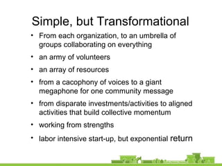 Simple, but Transformational
• From each organization, to an umbrella of
groups collaborating on everything
• an army of volunteers
• an array of resources
• from a cacophony of voices to a giant
megaphone for one community message
• from disparate investments/activities to aligned
activities that build collective momentum
• working from strengths
• labor intensive start-up, but exponential return
 