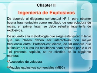 11
Ingeniería de Explosivos
Chapter II
De acuerdo al diagrama conceptual Nº 1, para obtener
buena fragmentación como resultado de una voladura de
rocas, en primer lugar se debe estudiar ingeniería de
explosivos.
De acuerdo a la metodología que exige este tercer milenio
que las clases deben ser interactivas con mayor
frecuencia entre: Profesor-estudiante, de tal manera que
al finalizar el curso los resultados sean óptimos por lo cual
el presente capitulo, se ha dividido de la siguiente
manera:
Accesorios de voladura
Mezclas explosivas comerciales (MEC)
 