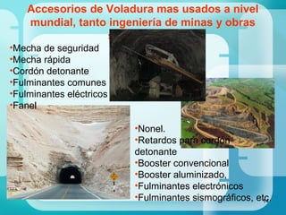 14
Accesorios de Voladura mas usados a nivel
mundial, tanto ingeniería de minas y obras
subterráneas
•Mecha de seguridad
•Mecha rápida
•Cordón detonante
•Fulminantes comunes
•Fulminantes eléctricos
•Fanel
•Nonel.
•Retardos para cordón
detonante
•Booster convencional
•Booster aluminizado,
•Fulminantes electrónicos
•Fulminantes sismográficos, etc.
 